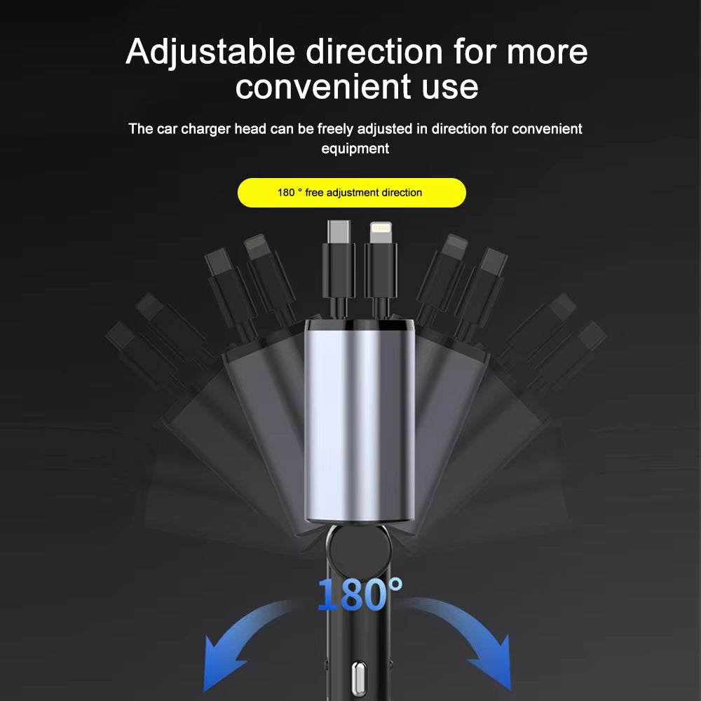 120W Car Charger Car Super Fast Charge Flash Charging, Telescopic Cable 4 in 1 Car Charger 2 USB Ports Adapter Compatible